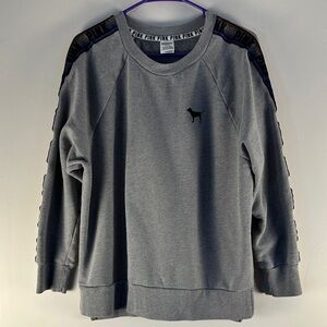 Victoria’s Secret Pink Gray Sweatshirt with Black Dog Logo and Rainbow Sparkle